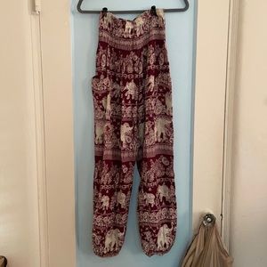 Red Boho Hippie Aladdin Pants with Elephants. ONE SIZE.